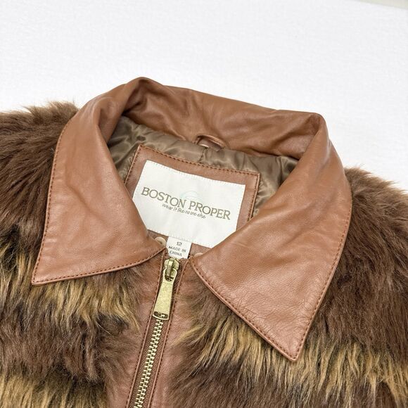 Boston Proper Leather Faux Fur Jacket Women Size 12 Brown Full Zip Festival Boho - Picture 3 of 9